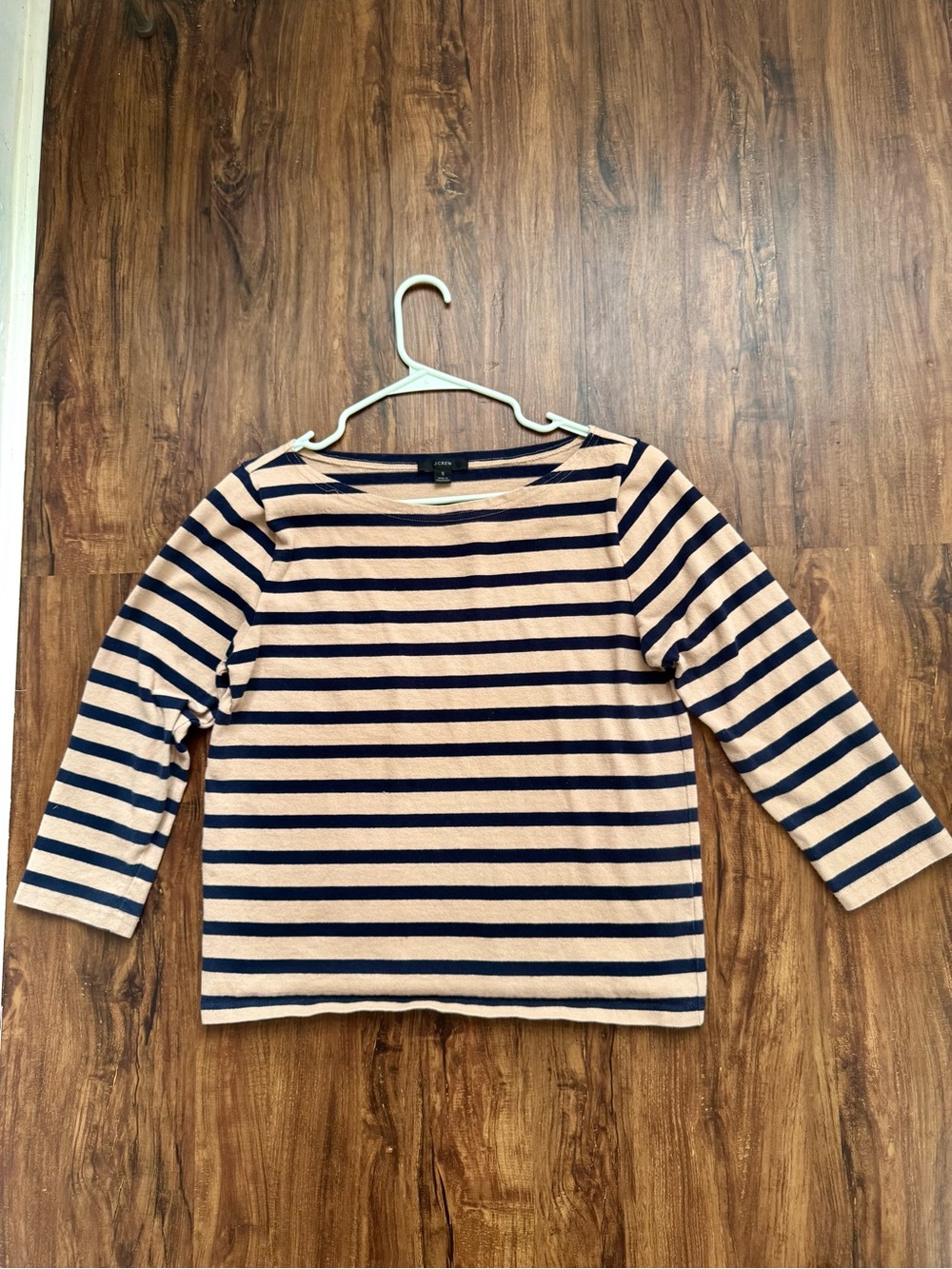 J. Crew Beige and Navy Striped Boatneck Knit Top, Size Small
